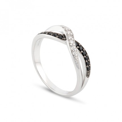 Anillo 2 ondas finas entrelazadas plateadas plata de 1a ley y circonitas blanco y negro