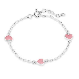 Pulsera de plata 3 corazones esmalte rosa 14+3CM