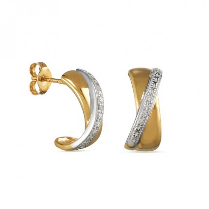 Pendientes de oro bicolor 9k cruzados de diamante 0.01CT