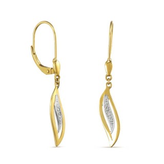 Brincos em ouro bicolor 9K pendente folha e diamante 0.008CT