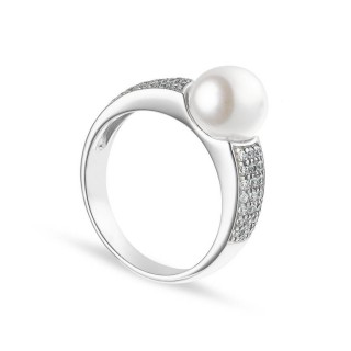 Anillo de plata perla sintética 3 filas circonita