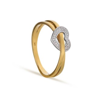 Anel em ouro bicolor 9K coração diamante 0.01CT