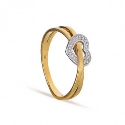 Anel em ouro bicolor 9K coração diamante 0.01CT