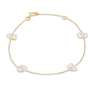 Pulseira de ouro amarelo 9K e ródio com 2 corações de 18 cm