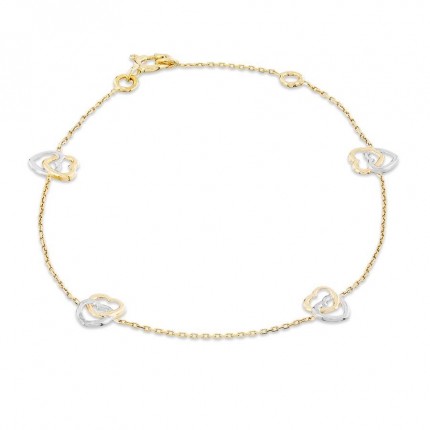 Pulseira de ouro amarelo 9K e ródio com 2 corações de 18 cm