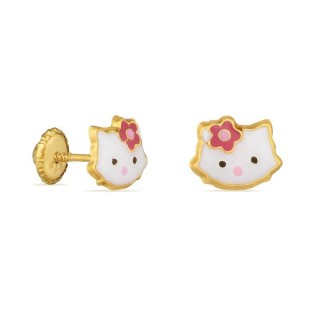 Pendientes de oro amarillo 9K gatita con flor esmaltada