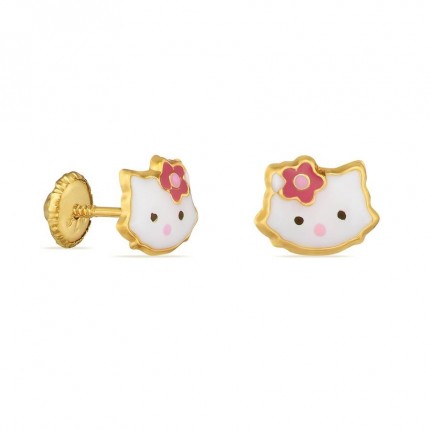 Pendientes de oro amarillo 9K gatita con flor esmaltada