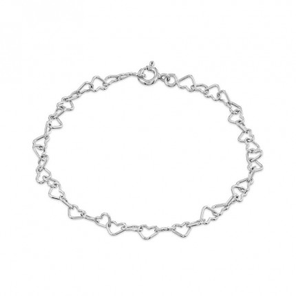 Pulseira em prata de 18 cm com desenho de corações