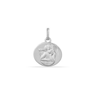 Colgante medalla de oro blanco de 9K con ángel en relieve