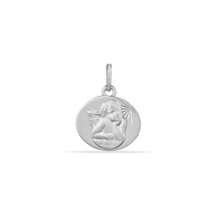 Colgante medalla de oro blanco de 9K con ángel en relieve