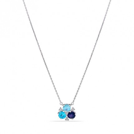Colar em ouro branco 9K  flor topázio. diamante e ametista