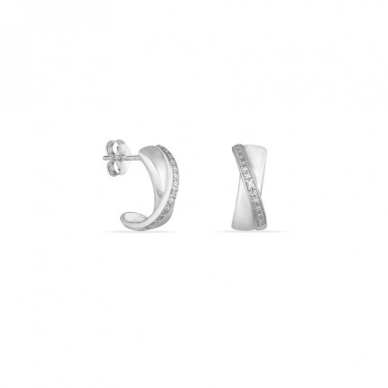 Brincos de meia argola 5 x 12 mm em ouro branco 9K com diamantes