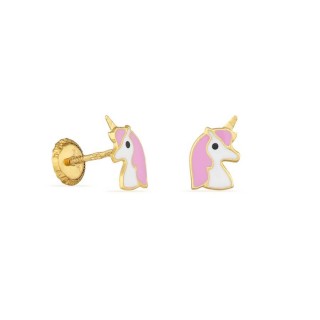Pendientes de oro amarillo 9K unicornio rosa esmaltado