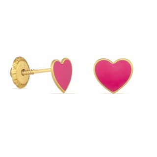 Brincos de coração rosa esmaltado em ouro amarelo 9K
