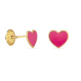 Pendientes de oro amarillo 9K corazón rosa esmaltado