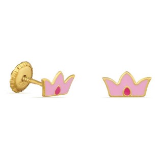 Brincos em ouro amarelo 9K coroa rosa esmaltada
