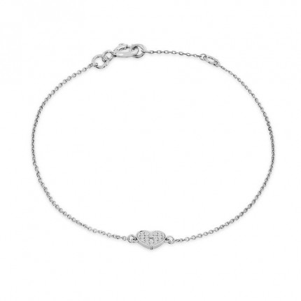 Pulseira em ouro branco 9K coração central com diamante