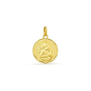 Medalha em ouro amarelo 18K com anjinho e borda em relevo