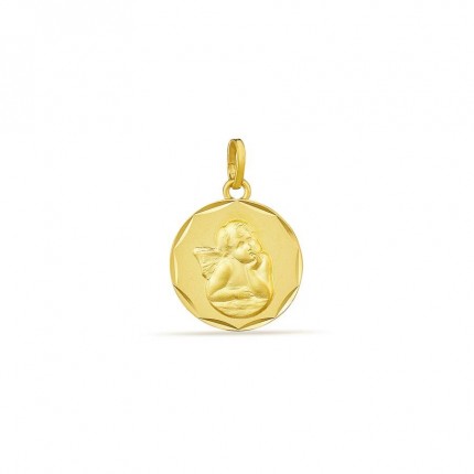 Medalha em ouro amarelo 18K com anjinho e borda em relevo
