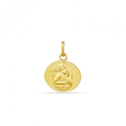 Medalha em ouro amarelo 18K redonda com anjo em relevo