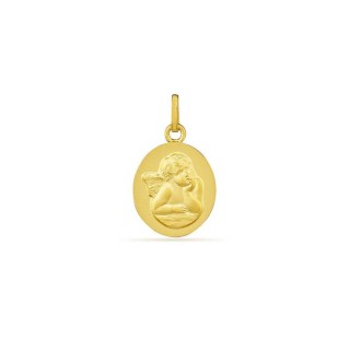 Medalha em ouro amarelo 18K de formato oval  anjo em relevo