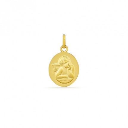 Medalha em ouro amarelo 18K de formato oval  anjo em relevo