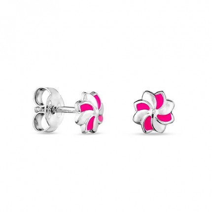Pendientes de plata con flor rosa en esmalte