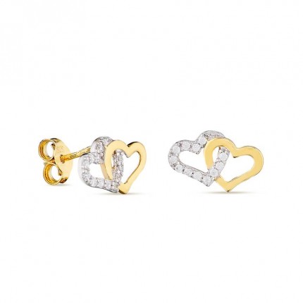 Pendientes oro amarillo 9K doble corazón con 24 circonitas