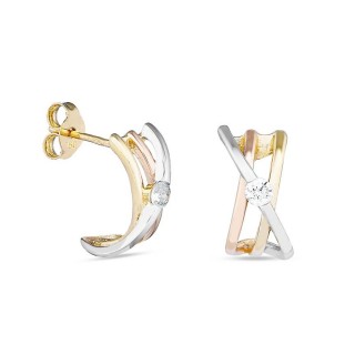 Pendientes de oro 18K tricolor diseño X y circonita central