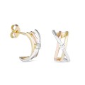 Brincos tricolor em ouro 18K com design X e zircónia central