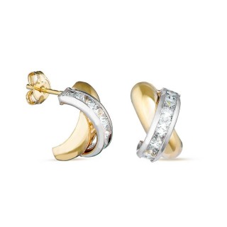Pendientes de oro 18K bicolor diseño X con circonitas