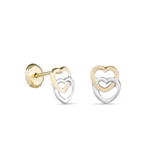 Brincos em ouro amarelo 18K 2 corações entrelaçados