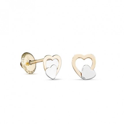 Pendientes de oro amarillo 18K 2 corazones cierre de rosca