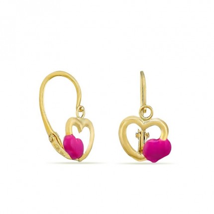 Brincos em ouro amarelo 18K 2 corações esmaltados