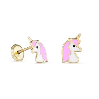 Pendientes de oro amarillo de 18K unicornio rosa esmaltado