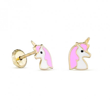 Brincos de unicórnio rosa esmaltado em ouro amarelo 18K