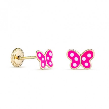 Pendientes de oro amarillo de 18K mariposa rosa esmaltada