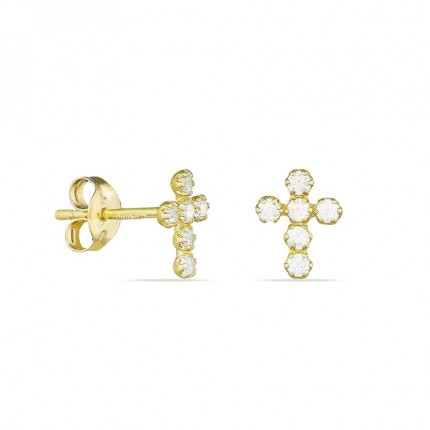 Pendientes cruz de oro amarillo de 18K con circonitas
