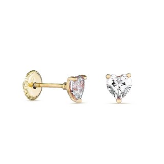 Brincos coração em ouro amarelo 18K com zircónia rosa