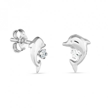 Pendientes delfines de oro blanco 18K y circonita central
