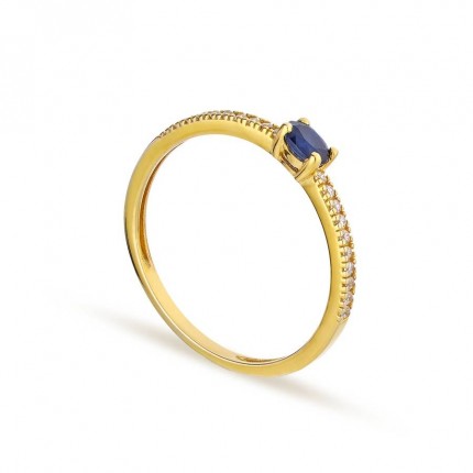 Anel solitário de zircónias e safira em ouro amarelo 9K