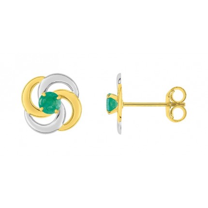 Brincos em ouro bicolor com esmeralda e flor