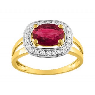 Anel em oro bicolor 9K oval com rubi e zircónia