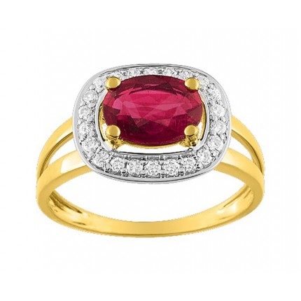 Anillo de oro bicolor 9K rubí ovalado con circonita