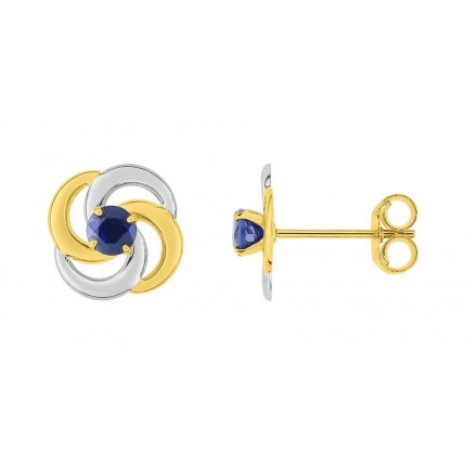 Pendientes de oro bicolor en forma de flor con zafiro