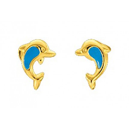 Brincos folheados a ouro com golfinho azul