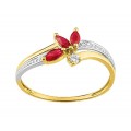 Anillo de oro bicolor 9K 3 rubís con circonita y flor