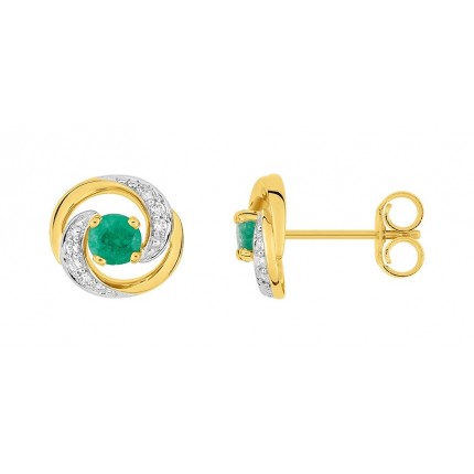 Brincos em oro bicolor 9k com esmeralda e zircónia bicolor