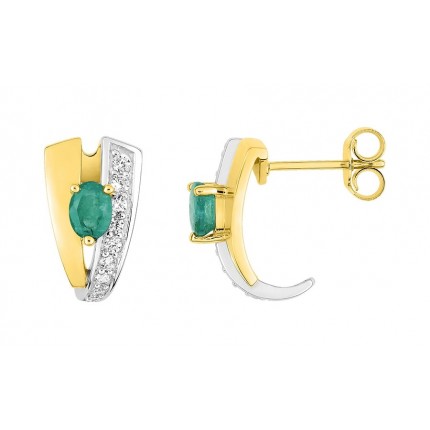 Brincos em oro bicolor 9k com esmeralda em formato de v