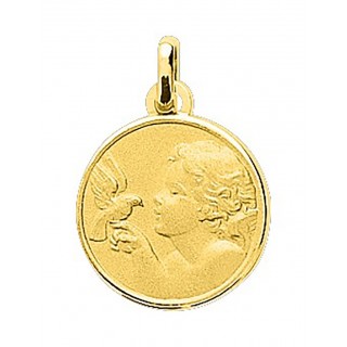 Medalha folheada a ouro com figura de anjo e pomba